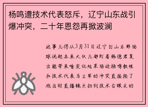杨鸣遭技术代表怒斥，辽宁山东战引爆冲突，二十年恩怨再掀波澜